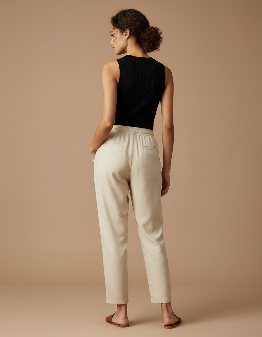 Pantalon Fluide Beige Coton Décontracté Élastique Harem - vue 2