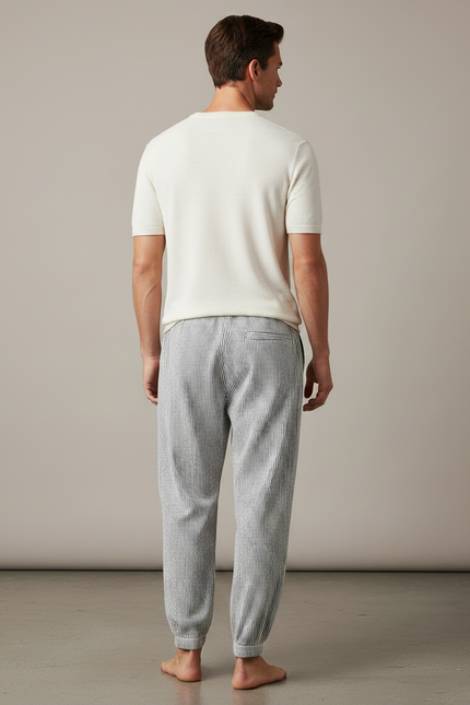 Pantalon Fluide Rayé Noir Blanc Ample Homme - Imprimé Lin - vue 2