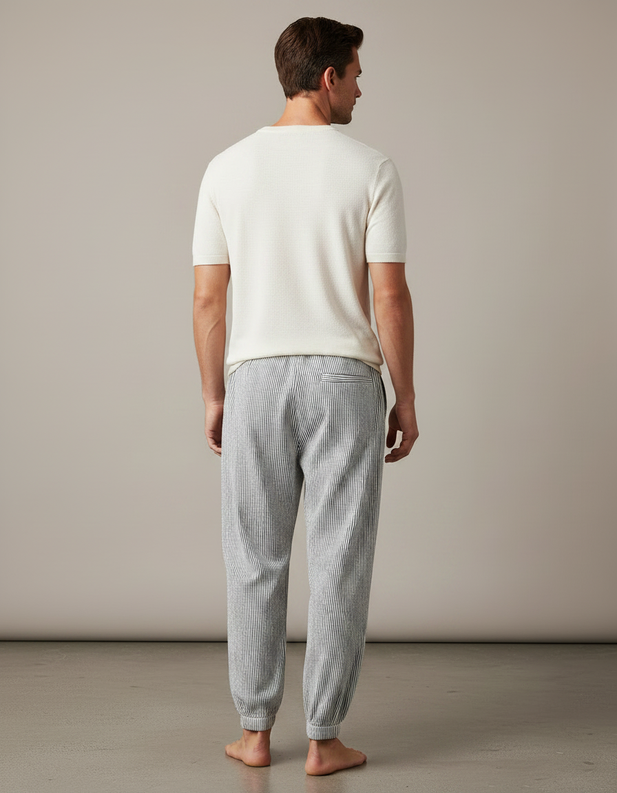 Pantalon Fluide Rayé Noir Blanc Ample Homme - Imprimé Lin - vue 2