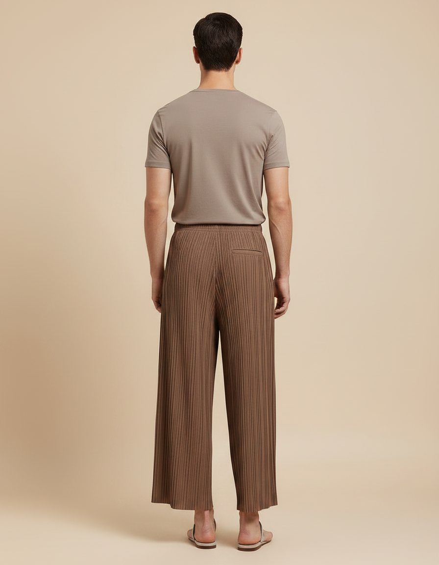 Pantalon Fluide Marron Plissé Ample Décontracté Homme - Polyester - vue 2