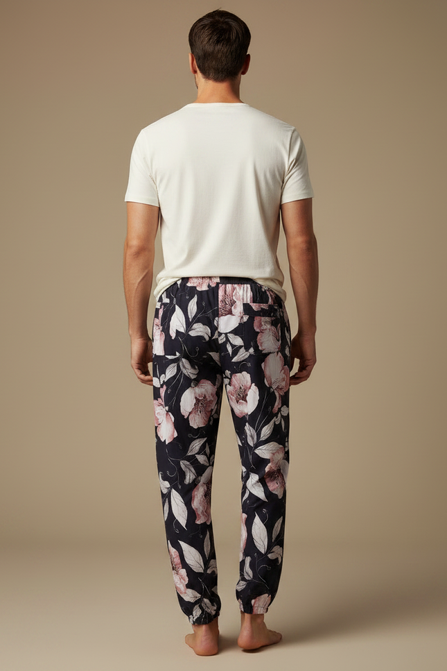 Pantalon Fluide Floral Noir Ample Viscose Homme - vue 2