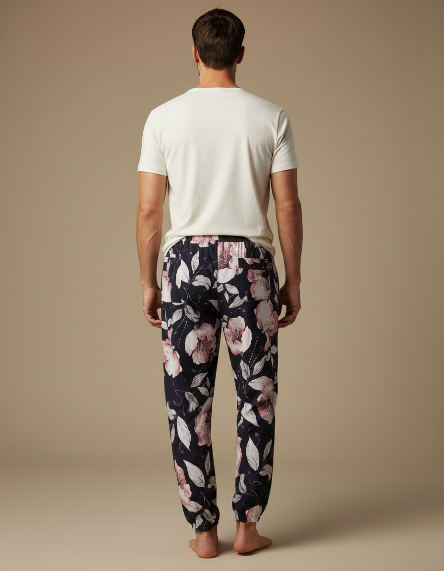 Pantalon Fluide Floral Noir Ample Viscose Homme - vue 2