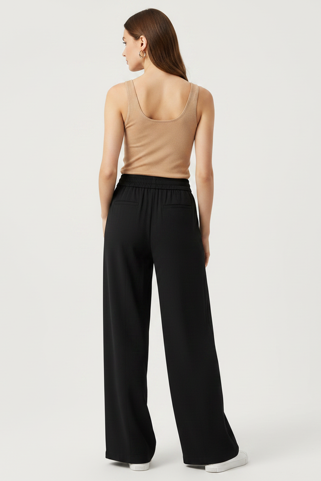 Pantalon Fluide Noir Ample Taille Élastique Femme - Viscose - vue 2
