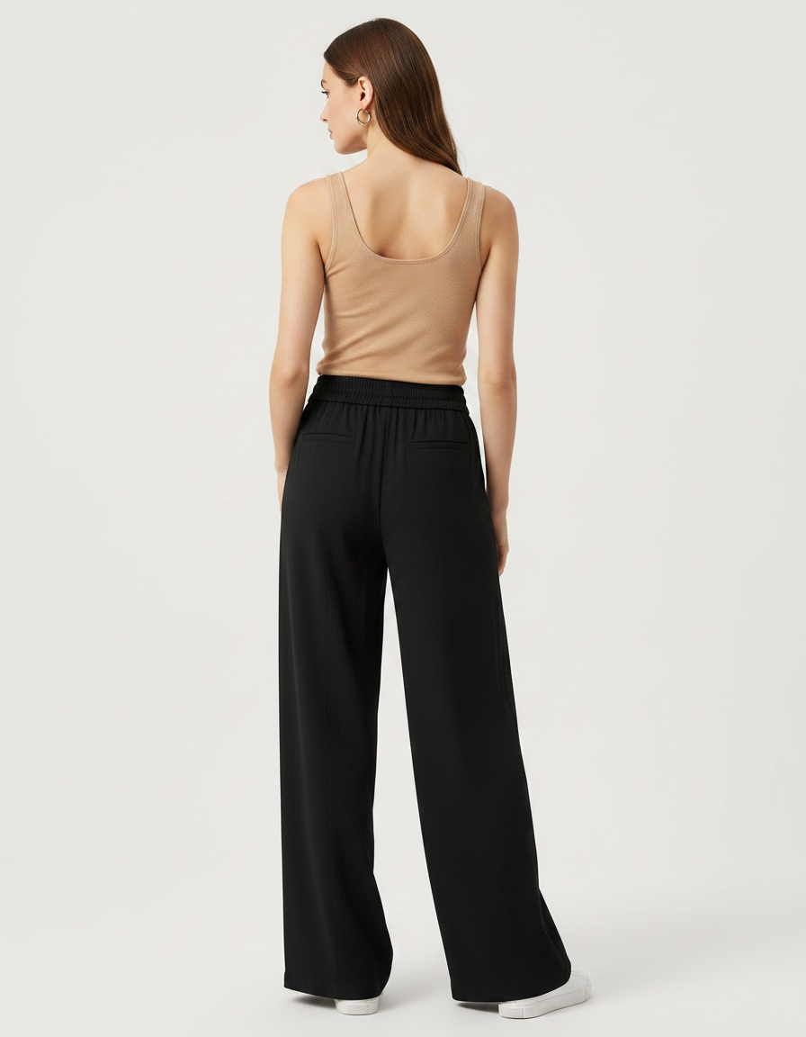 Pantalon Fluide Noir Ample Taille Élastique Femme - Viscose - vue 2