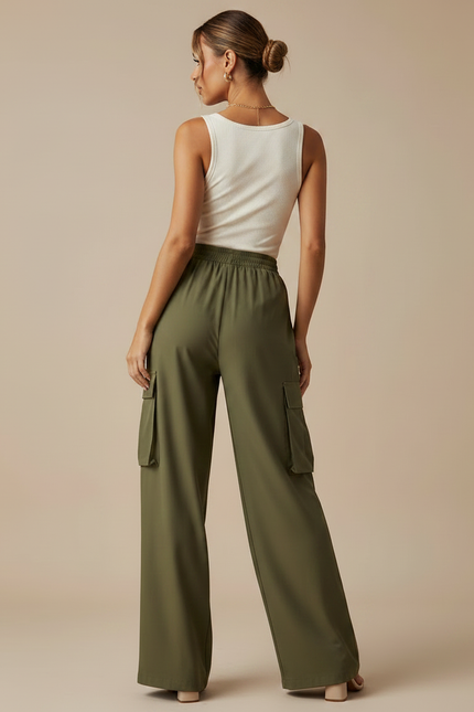 Pantalon Fluide Cargo Vert Ample Taille Élastique - Kaki Polyester - vue 2