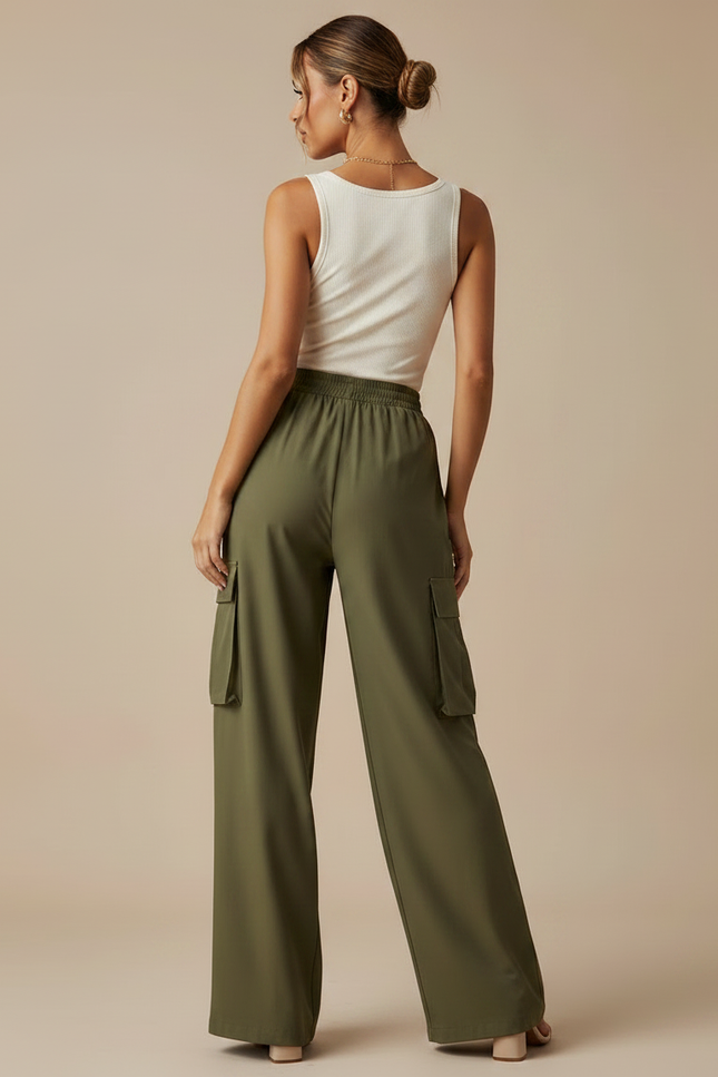 Pantalon Fluide Cargo Vert Ample Taille Élastique - Kaki Polyester - vue 2