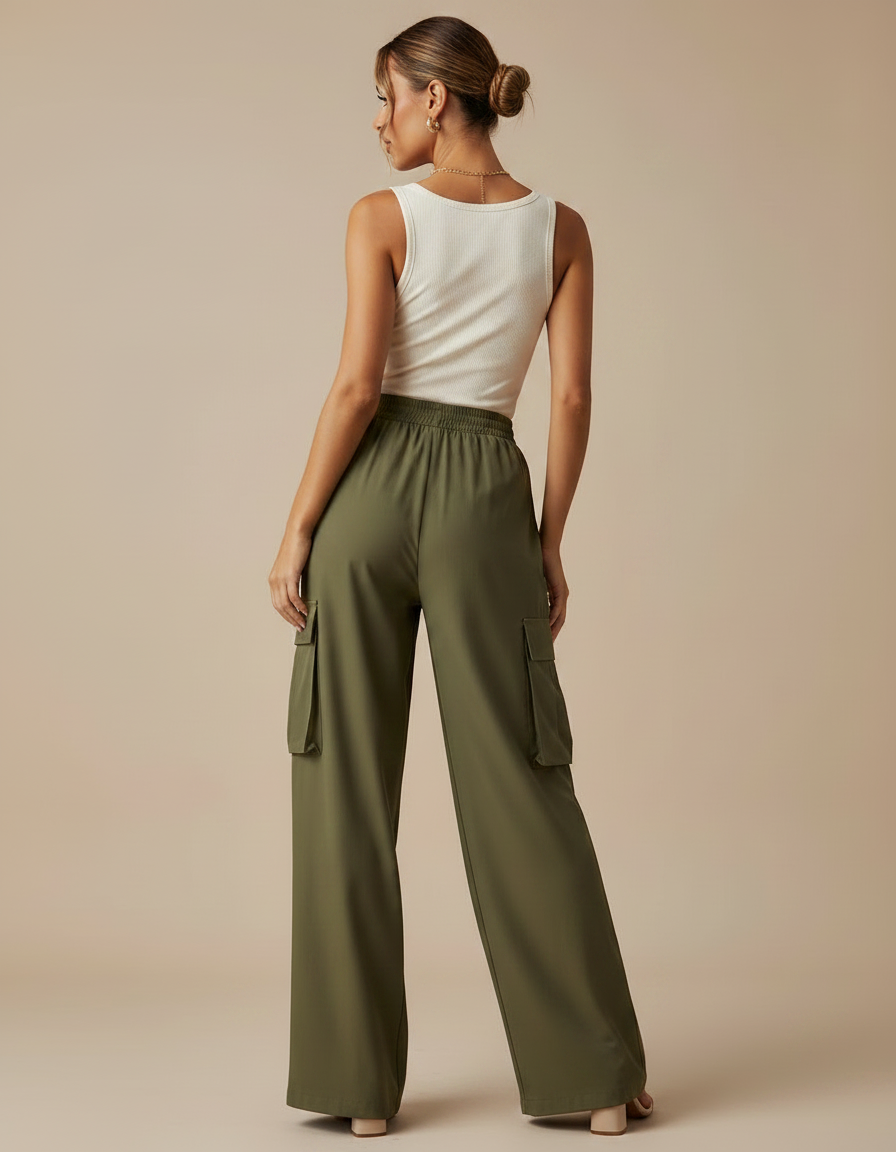 Pantalon Fluide Cargo Vert Ample Taille Élastique - Kaki Polyester - vue 2