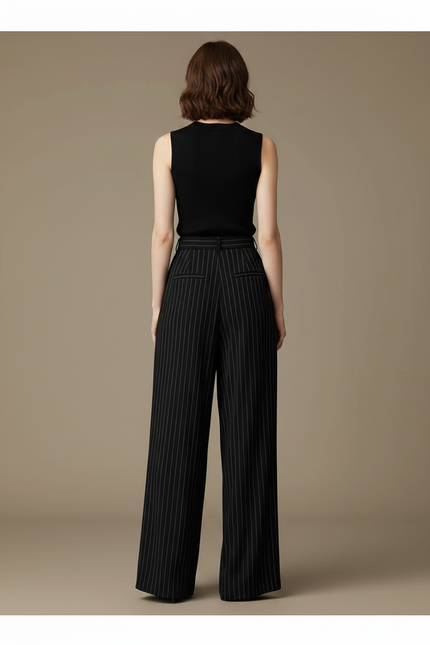 Pantalon Fluide Noir Rayé Taille Haute Élégant Ample - Viscose - vue 2