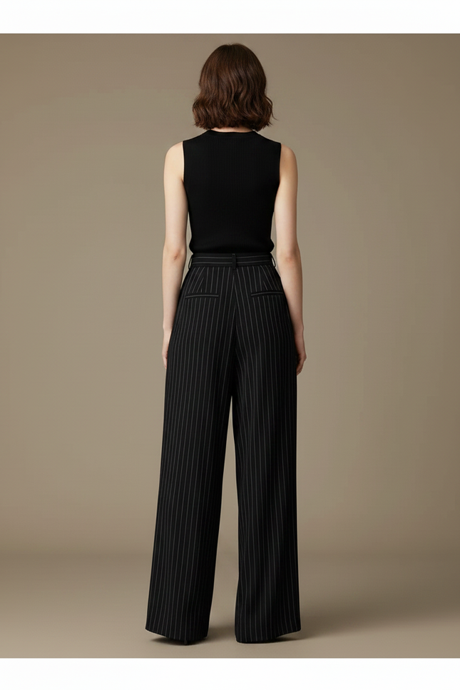 Pantalon Fluide Noir Rayé Taille Haute Élégant Ample - Viscose - vue 2