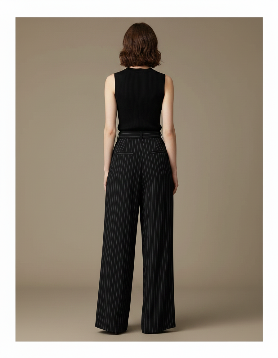 Pantalon Fluide Noir Rayé Taille Haute Élégant Ample - Viscose - vue 2