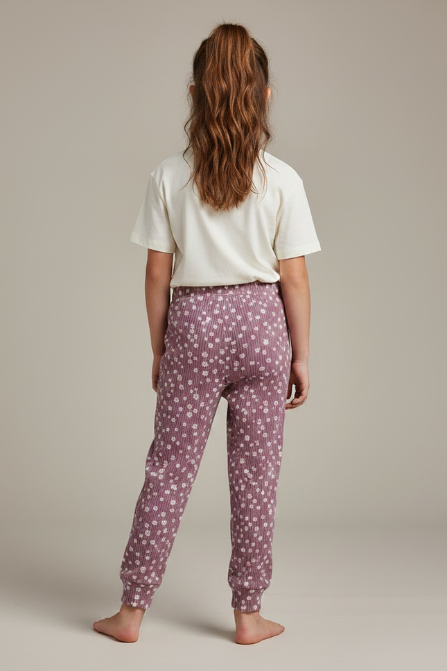 Pantalon Fluide Côtelé Mauve Fleuri Confortable Enfant - Violet Maille - vue 2