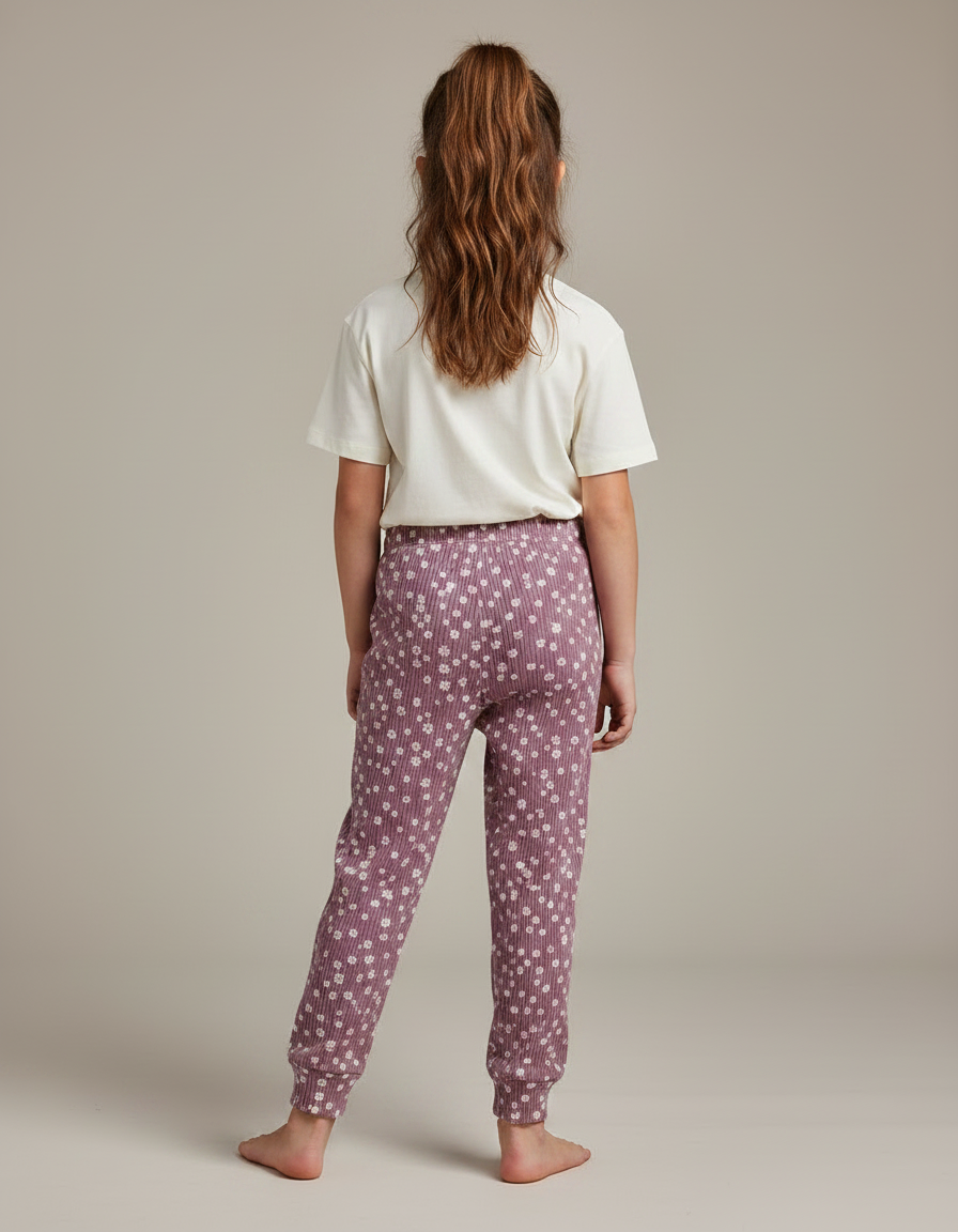 Pantalon Fluide Côtelé Mauve Fleuri Confortable Enfant - Violet Maille - vue 2