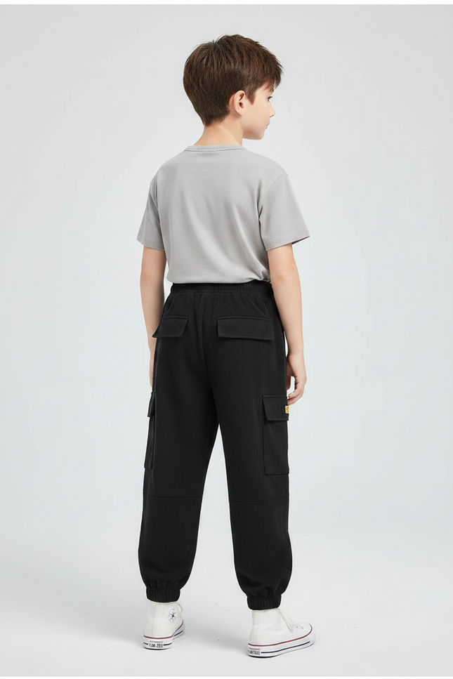 Pantalon Fluide Noir Cargo Côtelé Ample Enfant - Cordé - vue 2