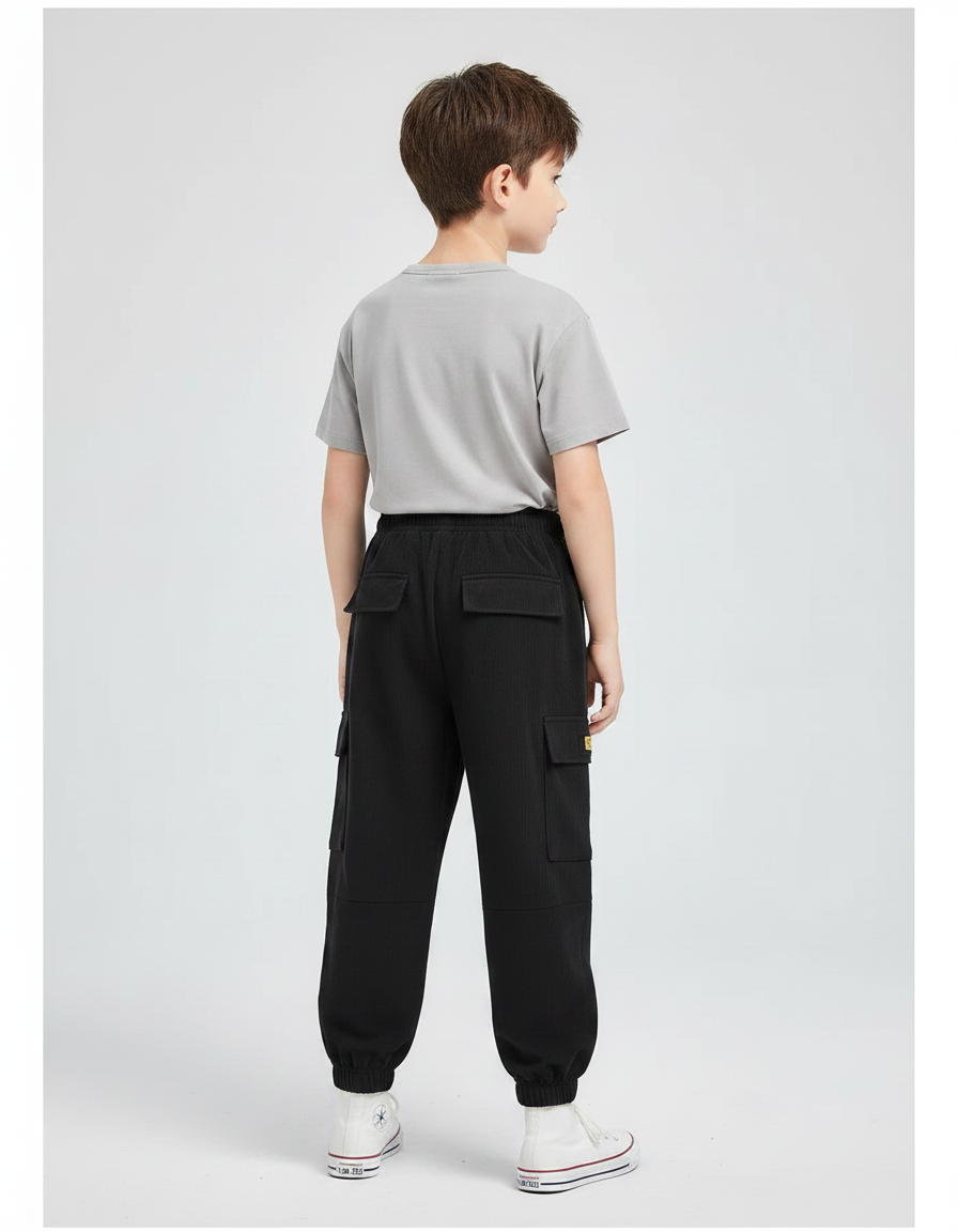 Pantalon Fluide Noir Cargo Côtelé Ample Enfant - Cordé - vue 2