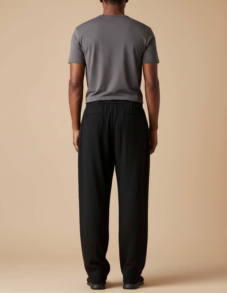 Pantalon Fluide Noir Ample Cordon Décontracté - Lin - vue 2