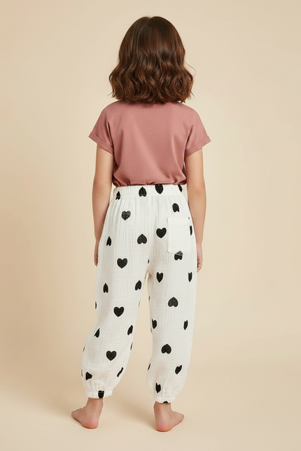 Pantalon Fluide Blanc Cœurs Noirs Ample Mousseline Enfant - Coton - vue 2