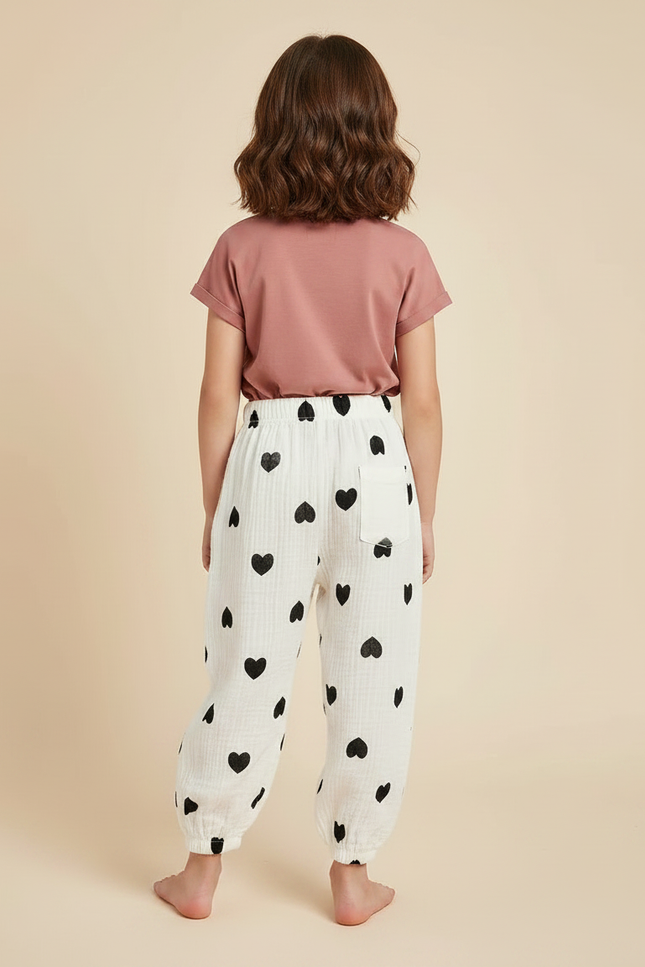 Pantalon Fluide Blanc Cœurs Noirs Ample Mousseline Enfant - Coton - vue 2
