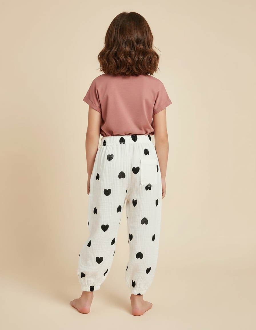 Pantalon Fluide Blanc Cœurs Noirs Ample Mousseline Enfant - Coton - vue 2