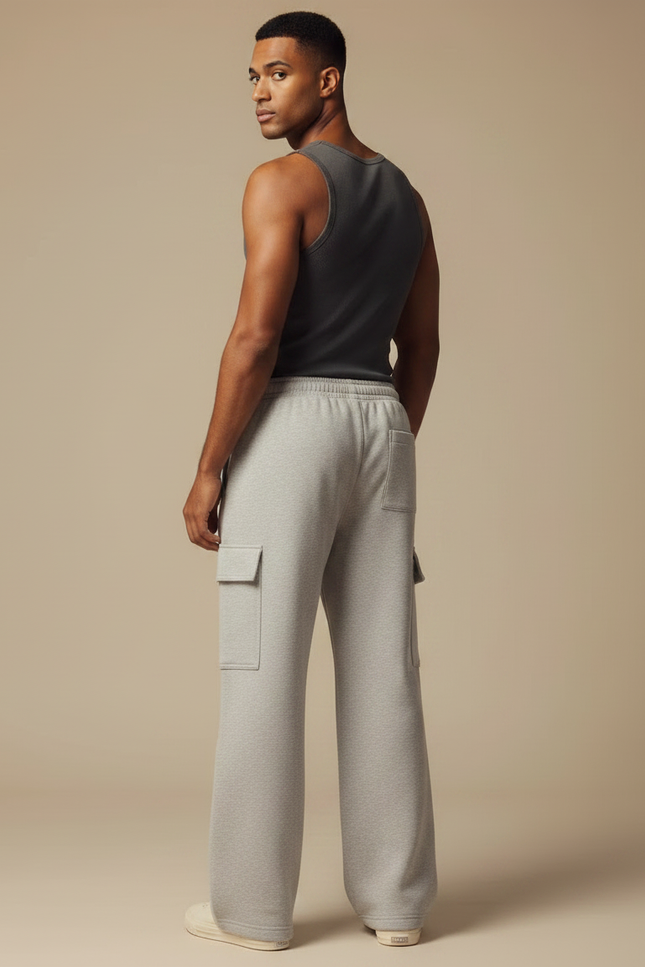 Pantalon Fluide Gris Ample Cargo Coton Homme - Molleton - vue 2