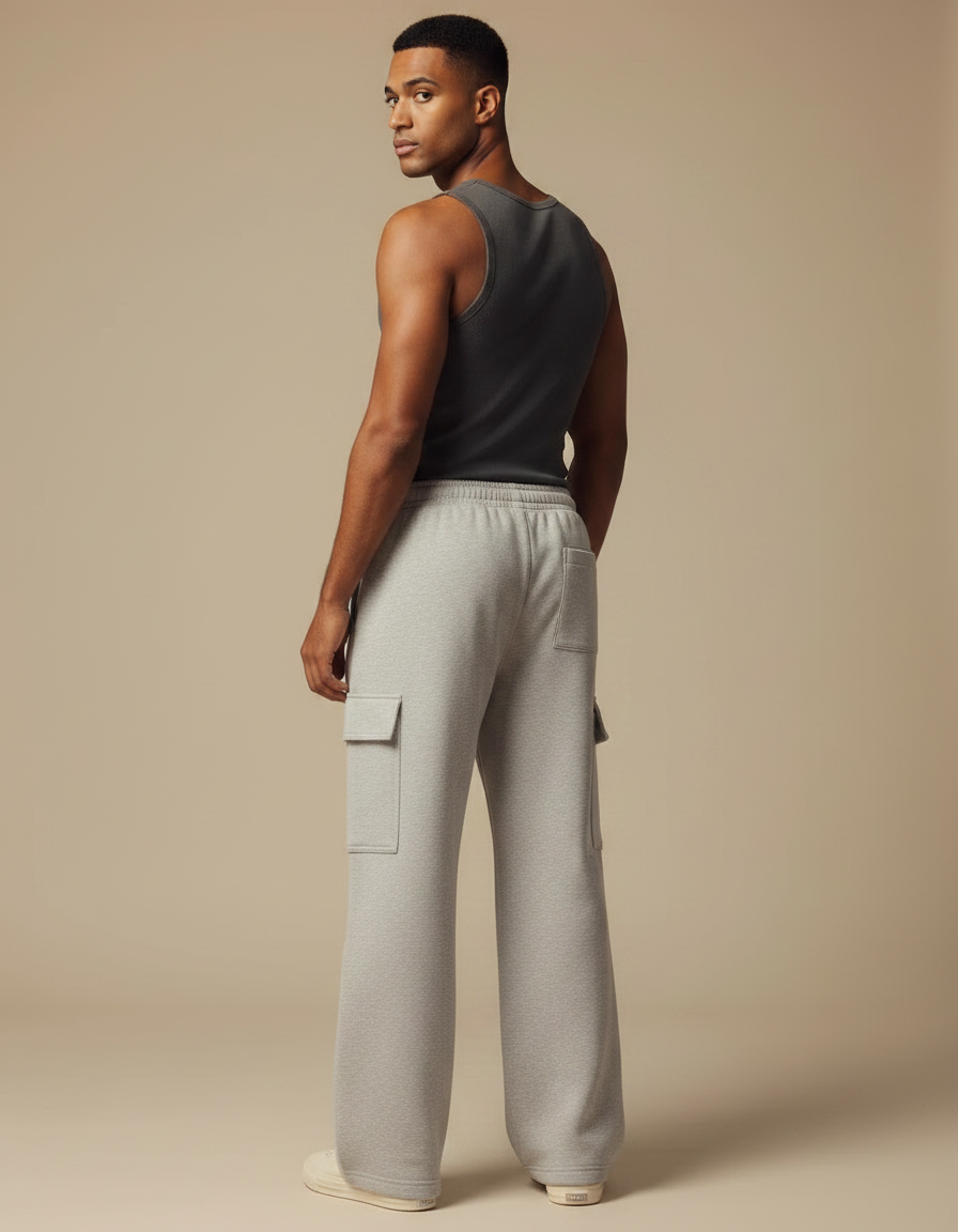 Pantalon Fluide Gris Ample Cargo Coton Homme - Molleton - vue 2