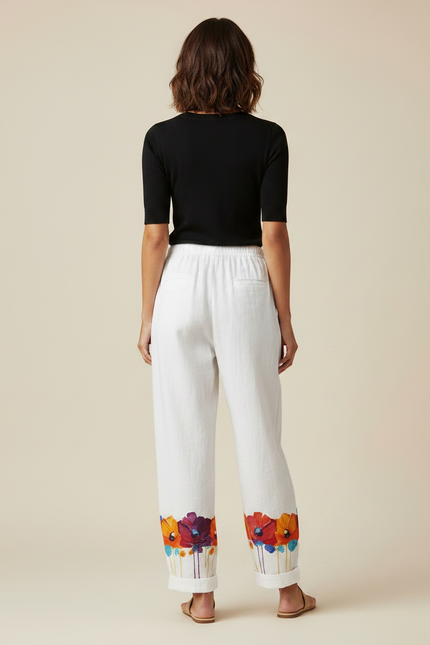 Pantalon Fluide Blanc Floral Ample Décontracté Femme - Lin - vue 2