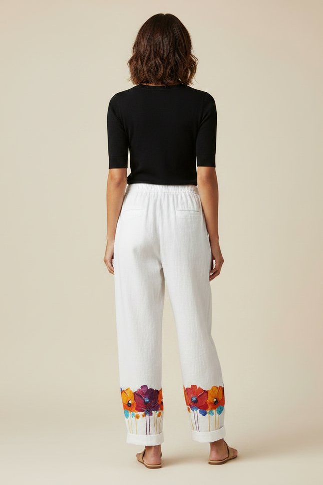 Pantalon Fluide Blanc Floral Ample Décontracté Femme - Lin - vue 2