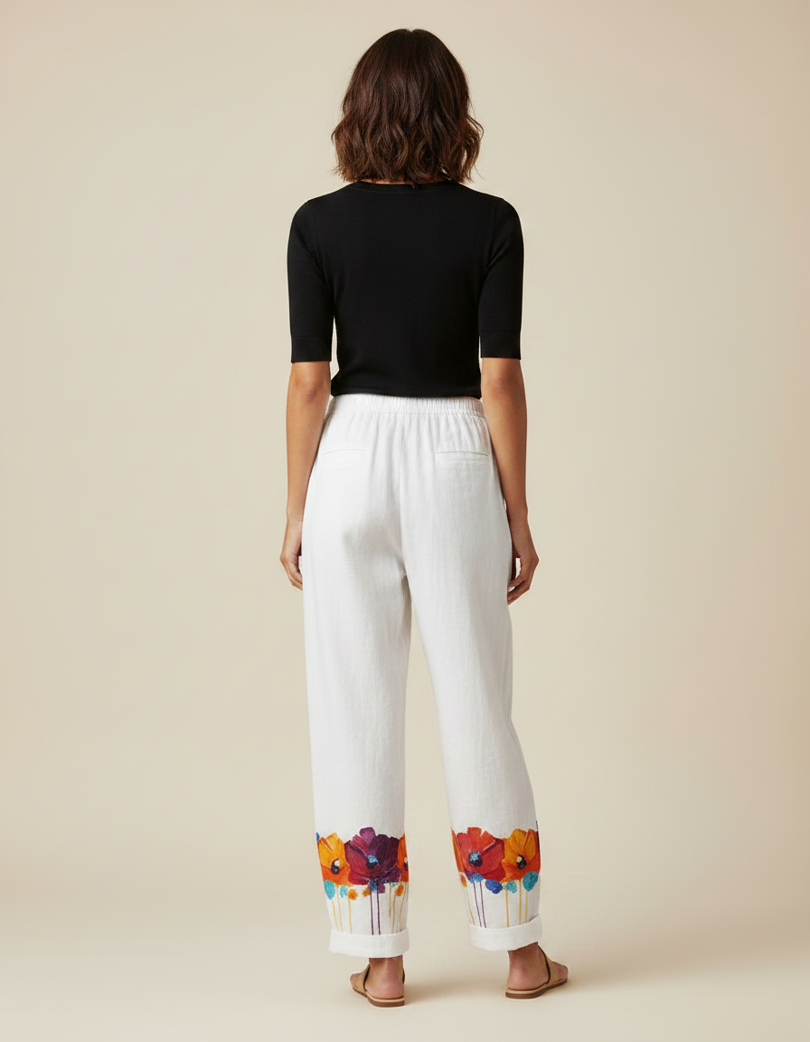 Pantalon Fluide Blanc Floral Ample Décontracté Femme - Lin - vue 2
