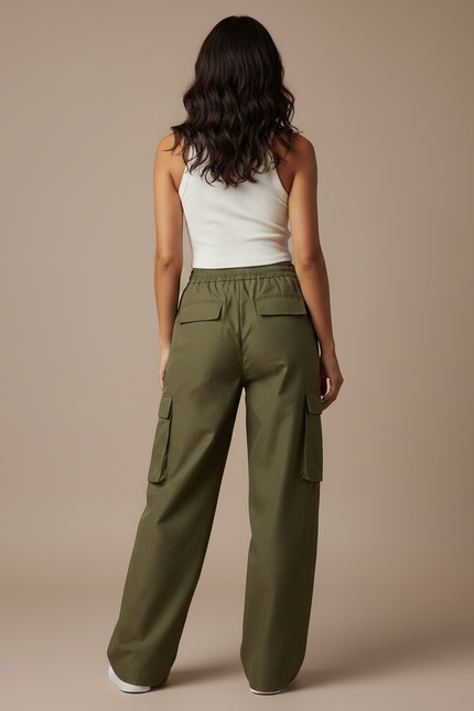 Pantalon Fluide Kaki Ample Taille Haute Cargo - Toile - vue 2