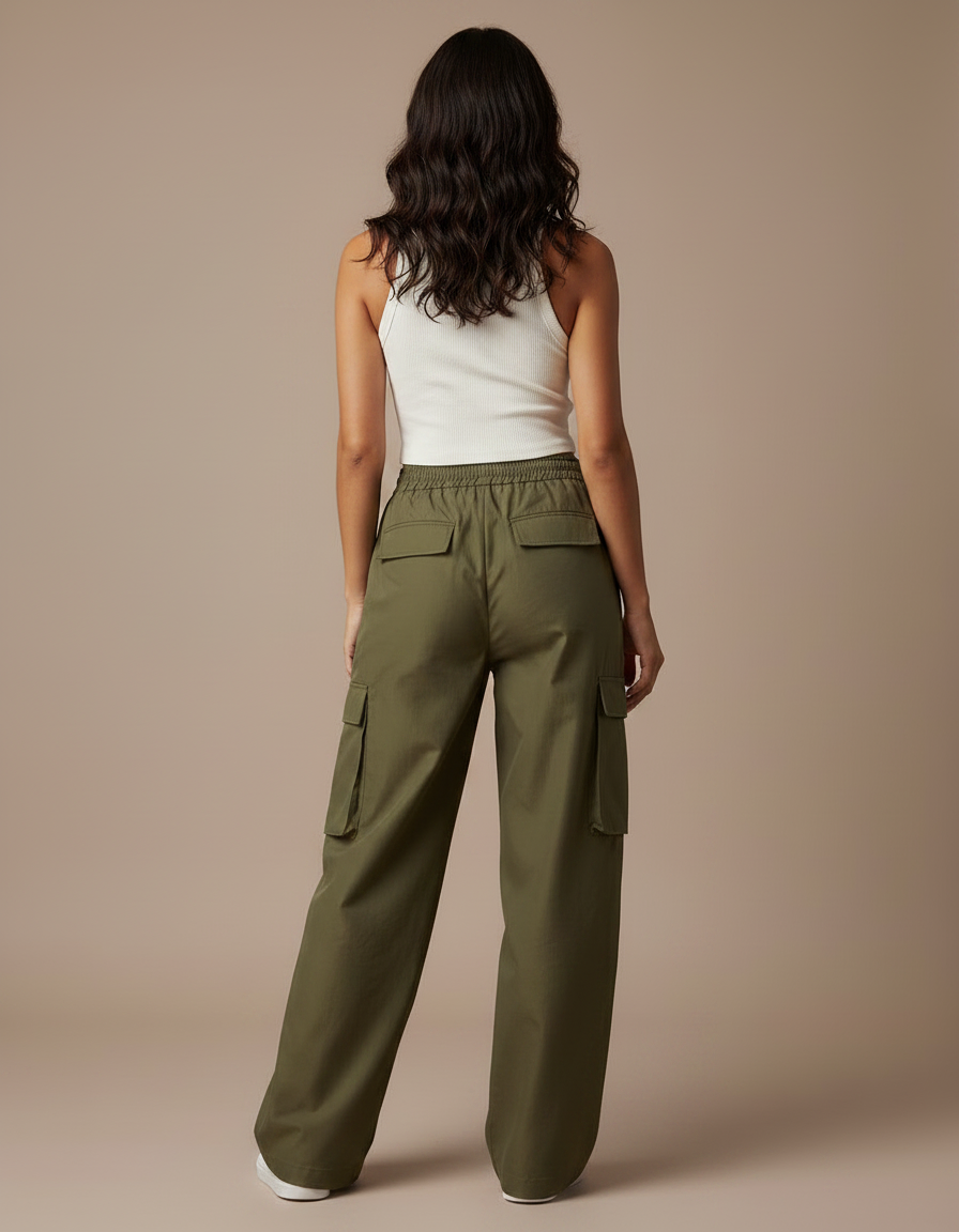 Pantalon Fluide Kaki Ample Taille Haute Cargo - Toile - vue 2