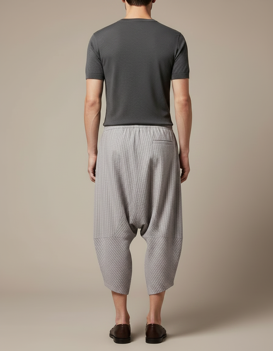 Pantalon Fluide Gris Rayé Ample Coton Harem - vue 2