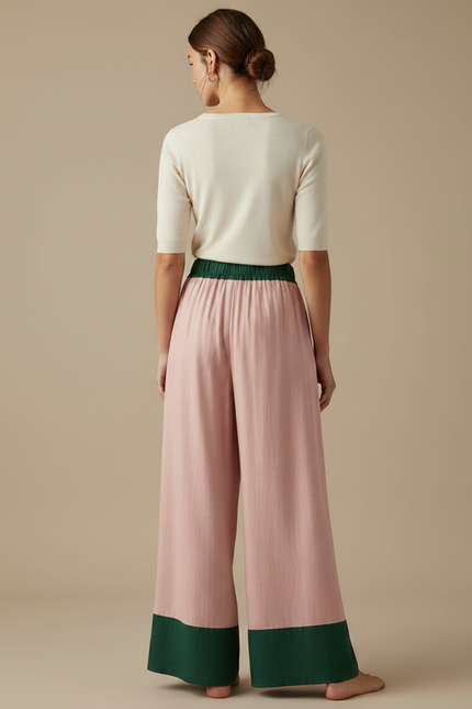 Pantalon Fluide Rose Vert Ample Décontracté Estival - Lin - vue 2