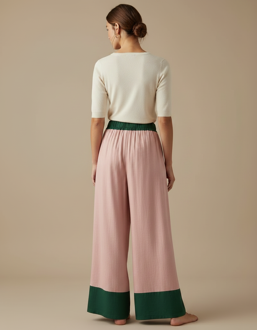Pantalon Fluide Rose Vert Ample Décontracté Estival - Lin - vue 2