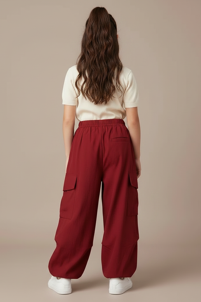 Pantalon Fluide Cargo Rouge Ample Décontracté Enfants - Bordeaux Coton - vue 2
