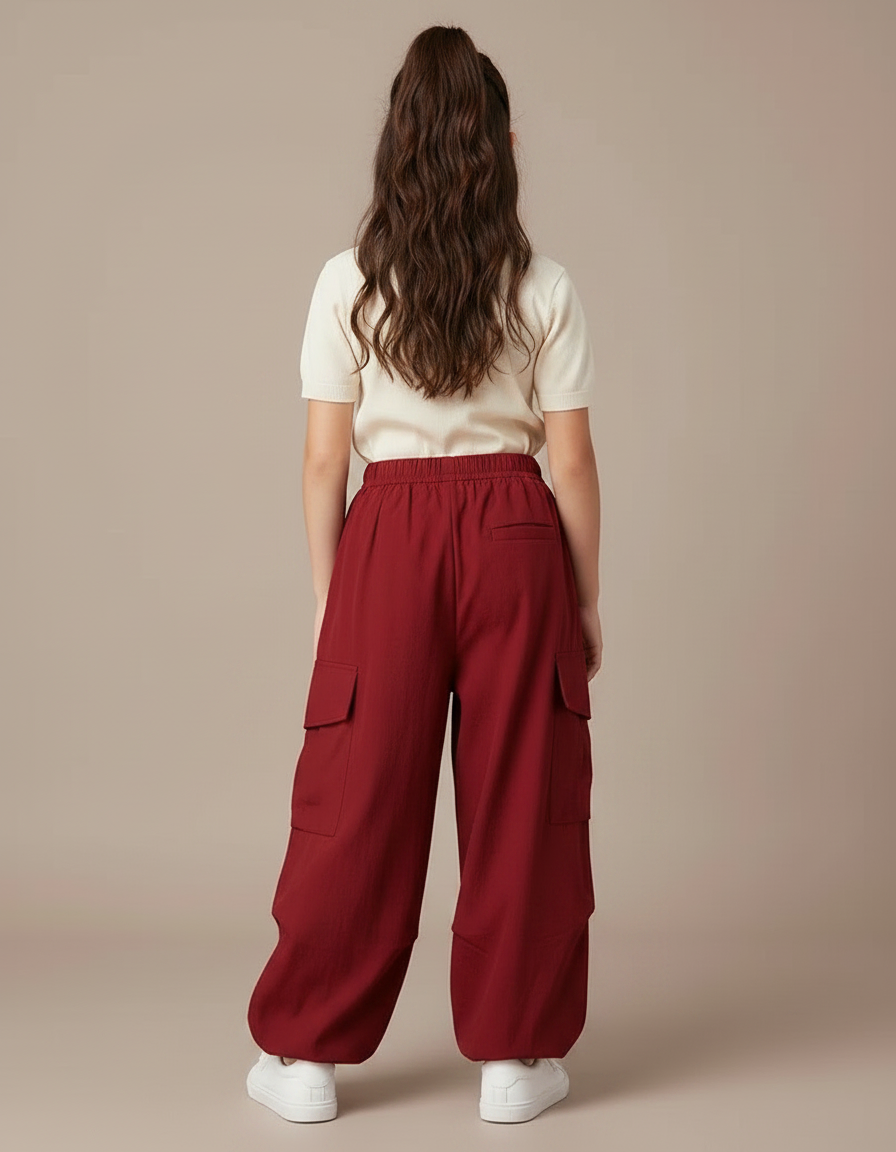 Pantalon Fluide Cargo Rouge Ample Décontracté Enfants - Bordeaux Coton - vue 2