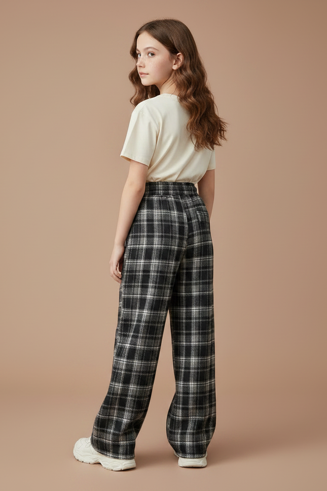 Pantalon Fluide Noir Plaid Ample Décontracté Coton Fille - Tweed - vue 2