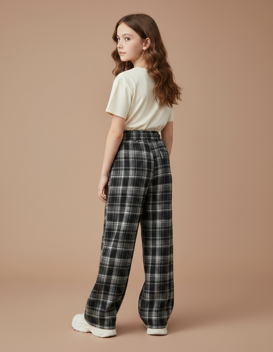 Pantalon Fluide Noir Plaid Ample Décontracté Coton Fille - Tweed - vue 2