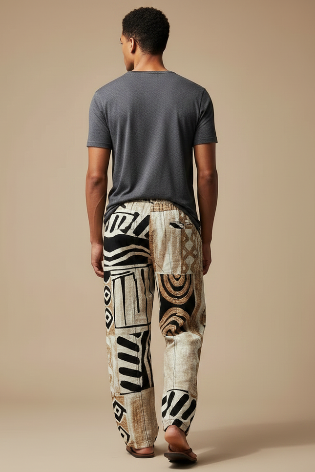 Pantalon Fluide Ethnique Patchwork Ample Décontracté Homme - Multicolore Lin - vue 2