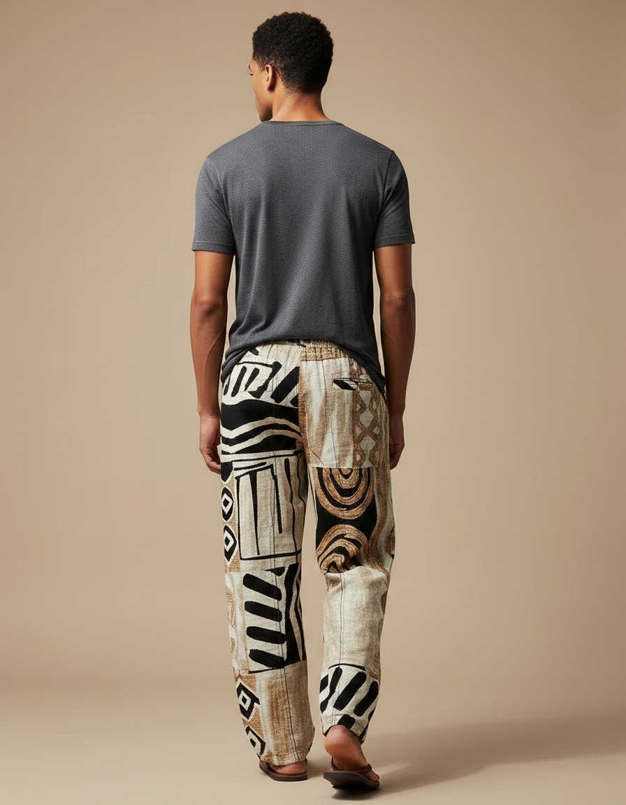 Pantalon Fluide Ethnique Patchwork Ample Décontracté Homme - Multicolore Lin - vue 2