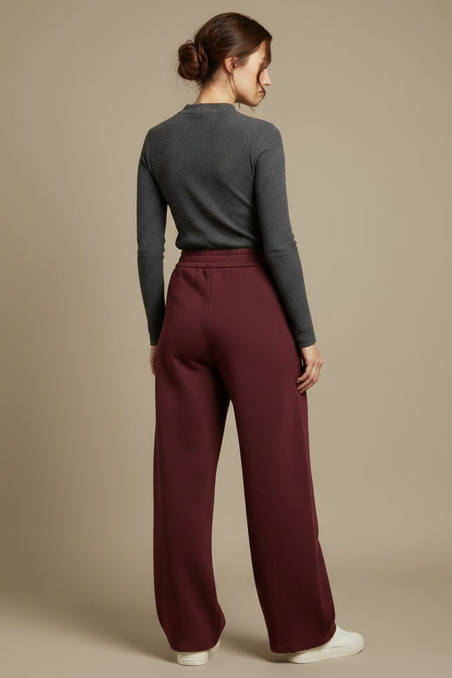 Pantalon Fluide Bordeaux Ample Décontracté Taille Haute Femme - Molleton - vue 2