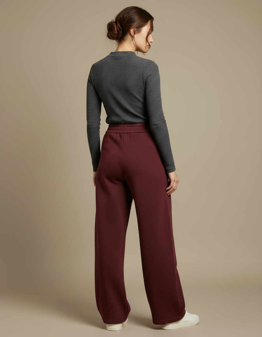 Pantalon Fluide Bordeaux Ample Décontracté Taille Haute Femme - Molleton - vue 2