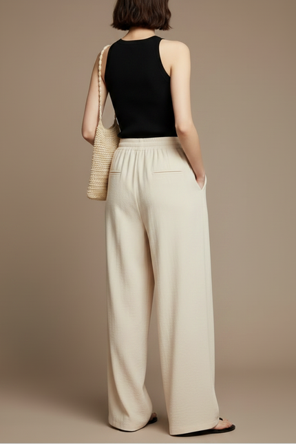 Pantalon Fluide Beige Ample Décontracté Plissé Élégant - Viscose - vue 2