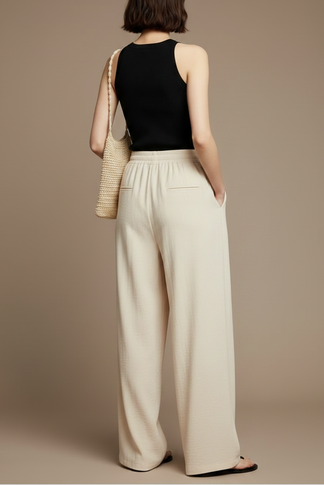 Pantalon Fluide Beige Ample Décontracté Plissé Élégant - Viscose - vue 2