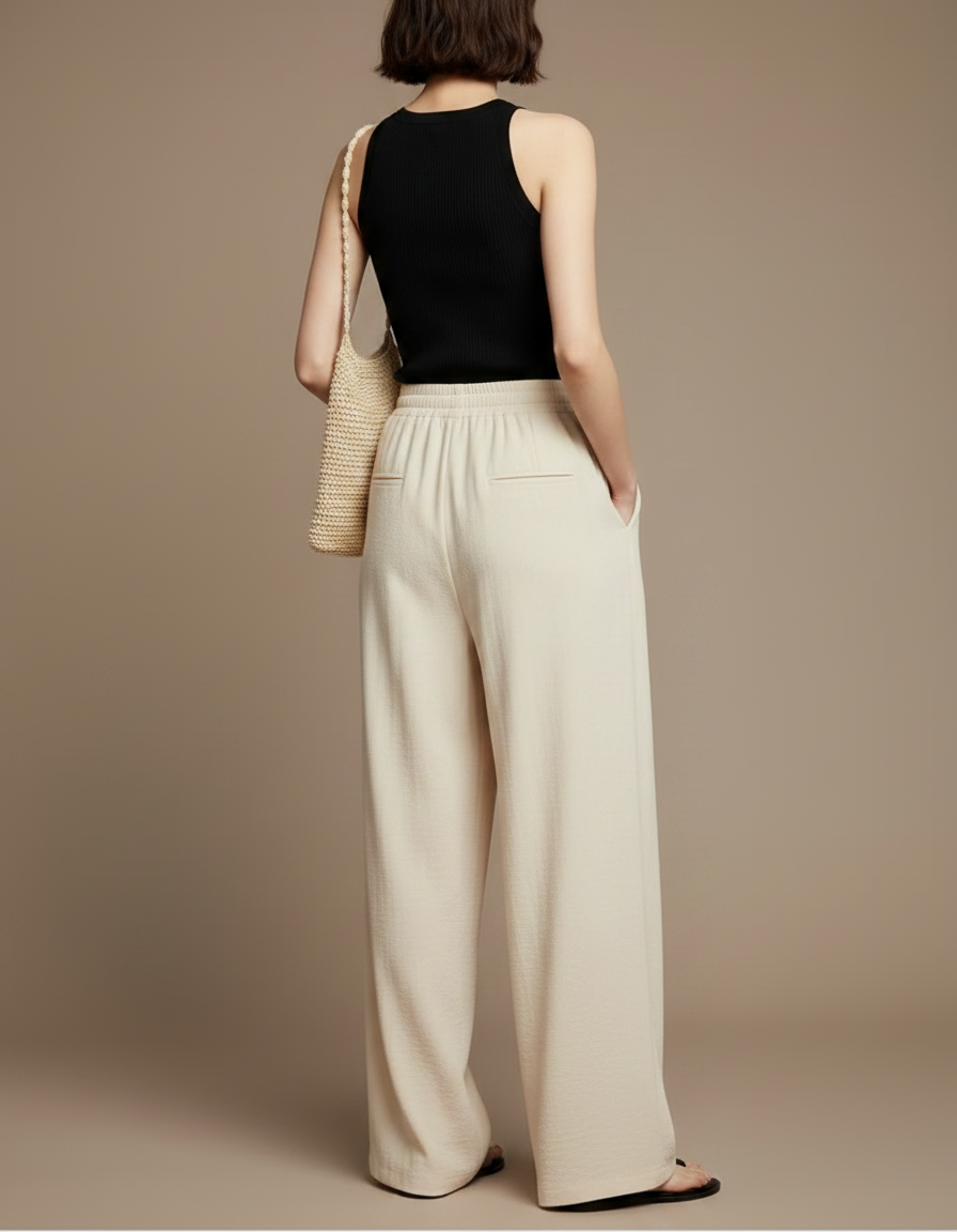 Pantalon Fluide Beige Ample Décontracté Plissé Élégant - Viscose - vue 2