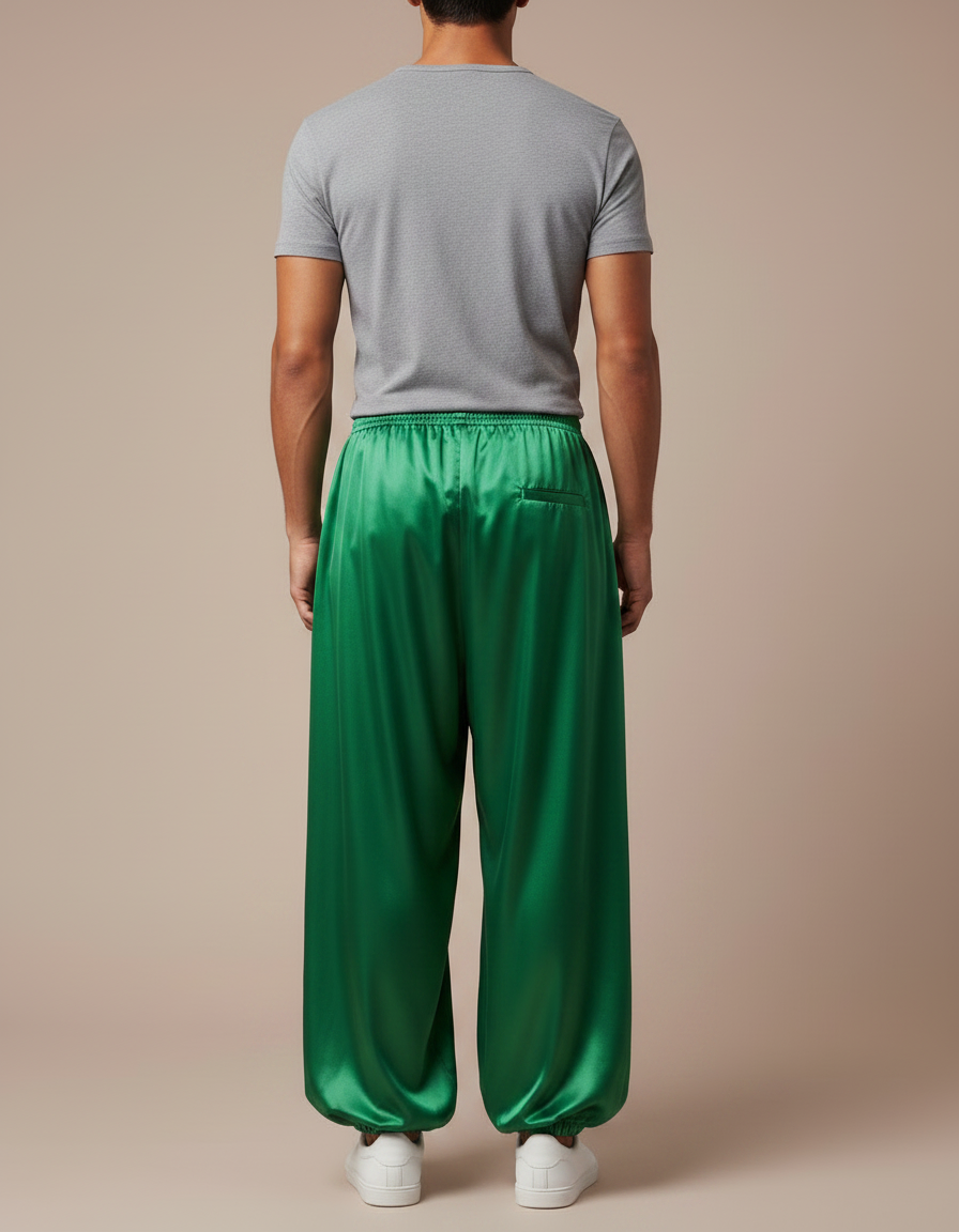 Pantalon Fluide Vert Satiné Ample Homme Scène - vue 2