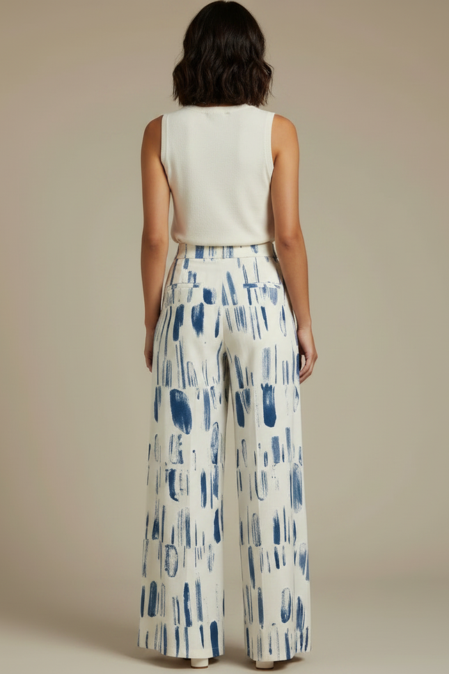 Pantalon Fluide Imprimé Pinceau Ample Décontracté Blanc Bleu - Viscose - vue 2