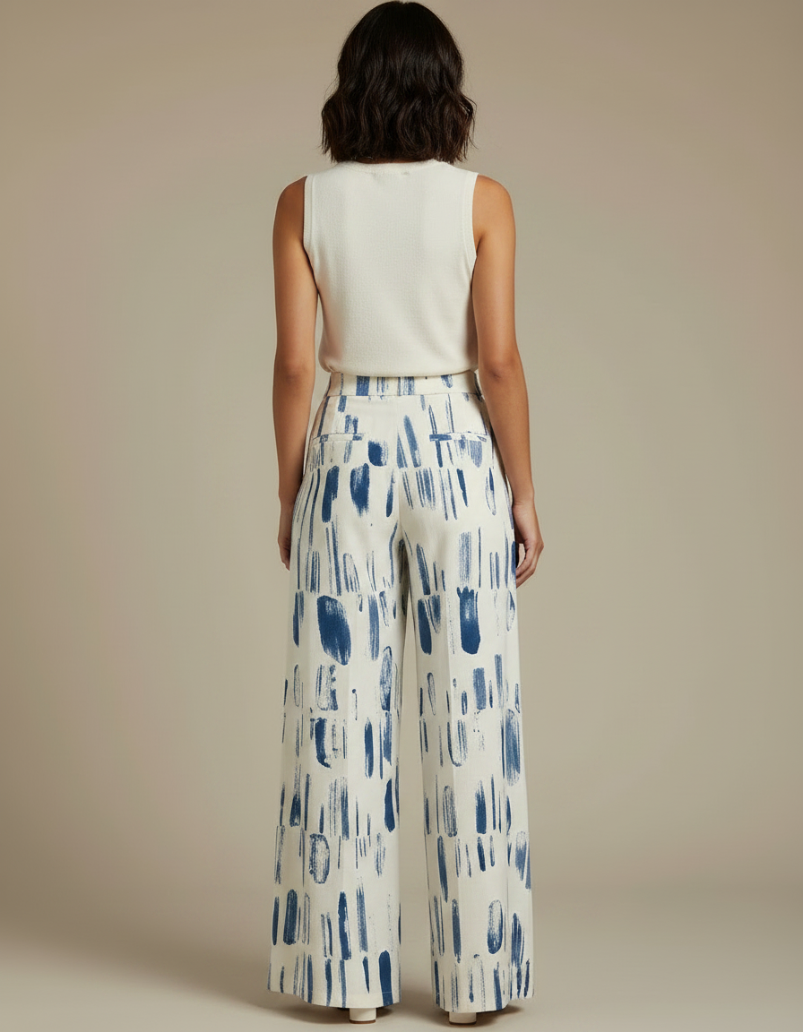 Pantalon Fluide Imprimé Pinceau Ample Décontracté Blanc Bleu - Viscose - vue 2