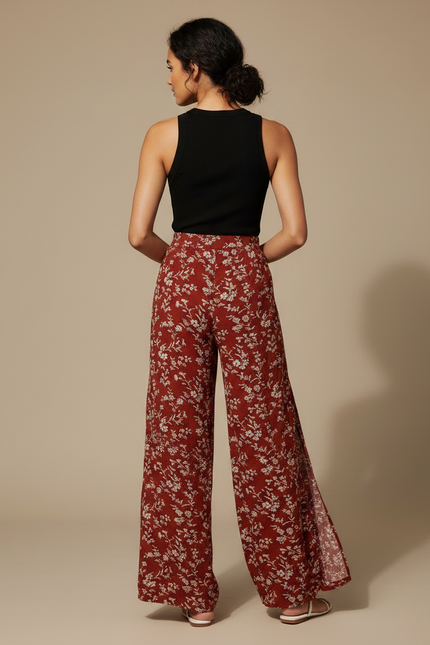 Pantalon Fluide Rouge Floral Fendu Bohème Tassels - Viscose - vue 2