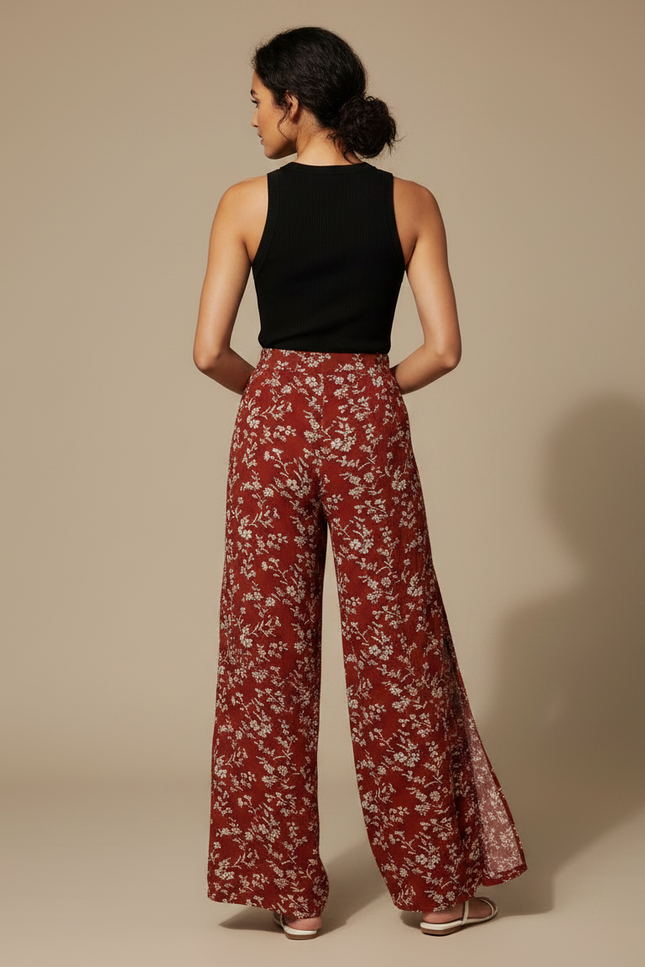 Pantalon Fluide Rouge Floral Fendu Bohème Tassels - Viscose - vue 2