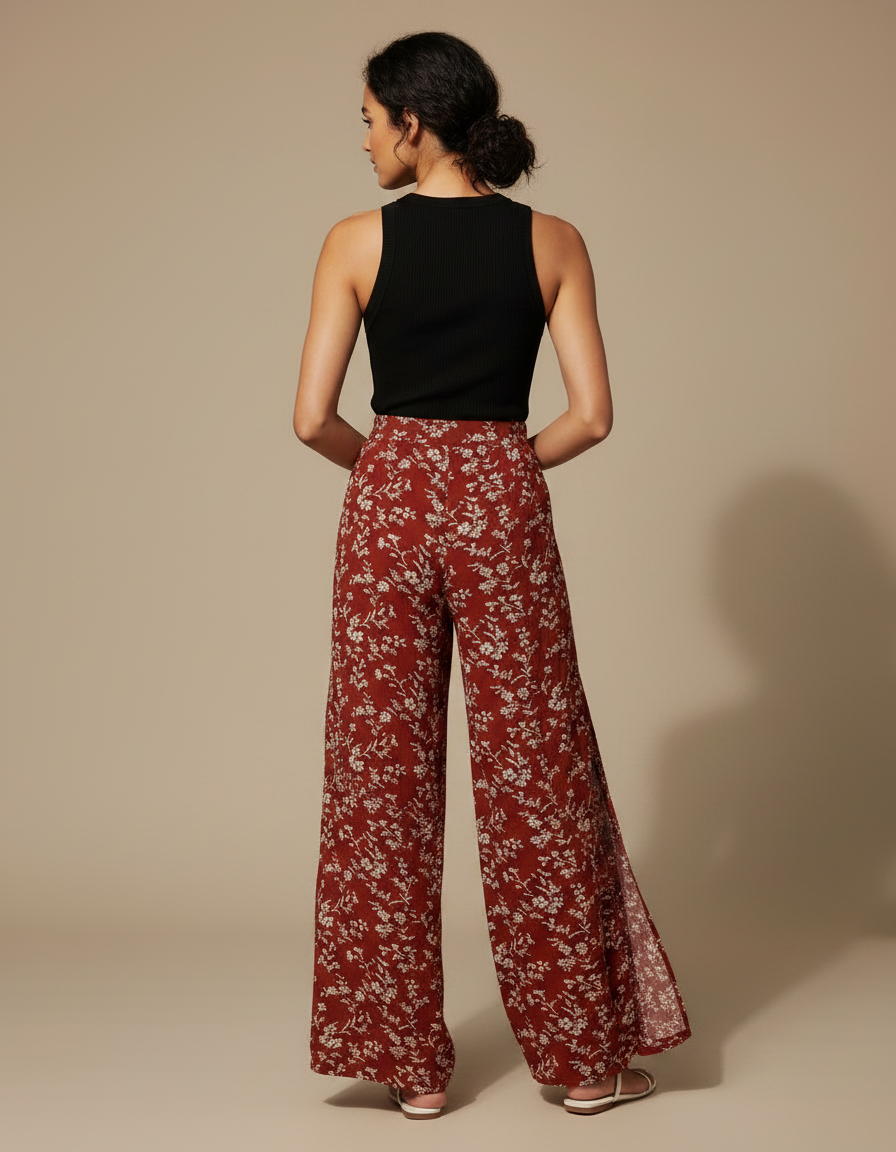 Pantalon Fluide Rouge Floral Fendu Bohème Tassels - Viscose - vue 2