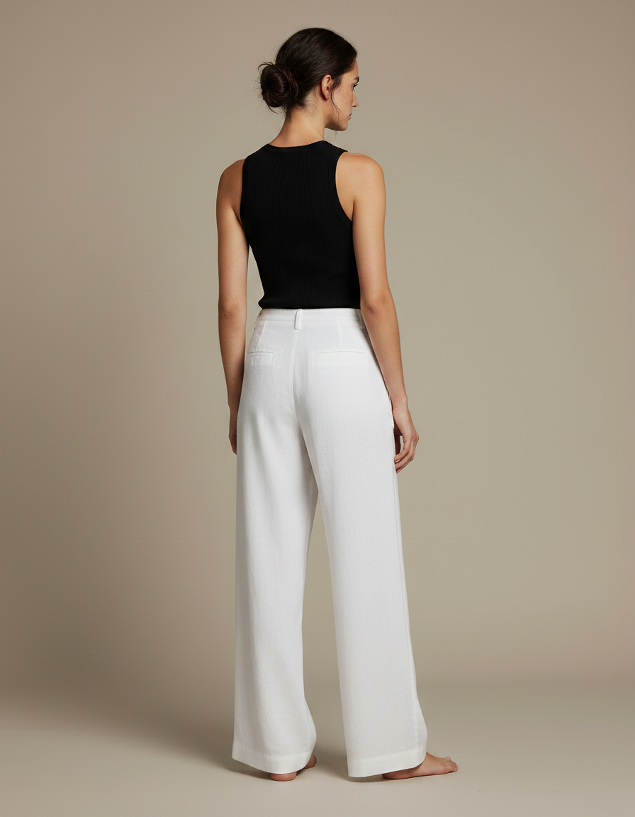 Pantalon Fluide Blanc Ample Coton Lin Décontracté - vue 2